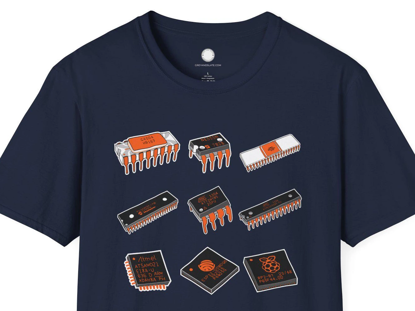 Hand-Drawn Microprocessor T-Shirt: Intel 4004, NE555, 6502 - Tech History Dad Gi