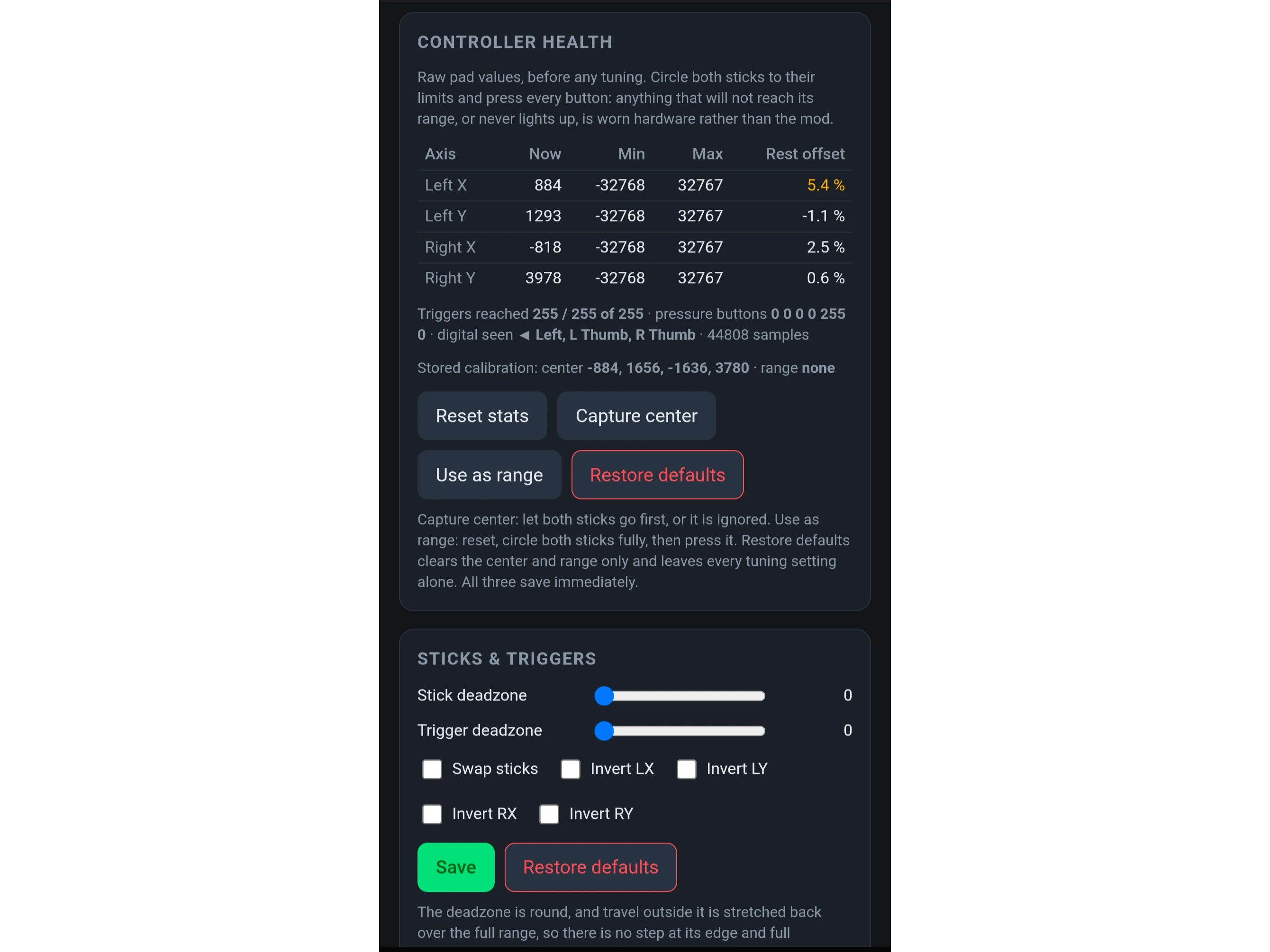 Wifi portal showing some calibration options