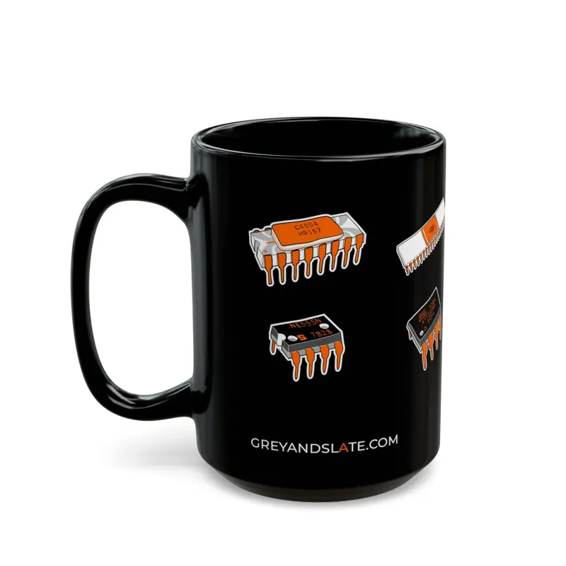 Famous Chips History Mug | Hand-drawn Intel 4004 NE555 MOS 6502 ESP32 RP2040 | M