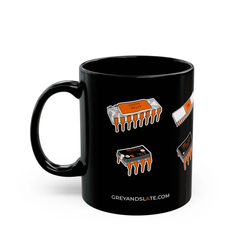 Famous Chips History Mug | Hand-drawn Intel 4004 NE555 MOS 6502 ESP32 RP2040 | M